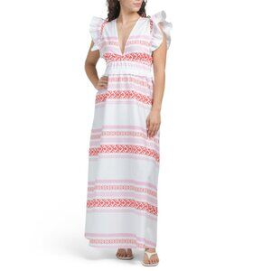 SAIL TO SABLE Pink/orange Flutter Sleeve Aztec Printed Maxi Dress